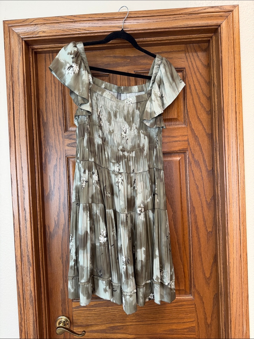 Anthropologie Olive Floral Ruffle Sleeve Tiered Dress